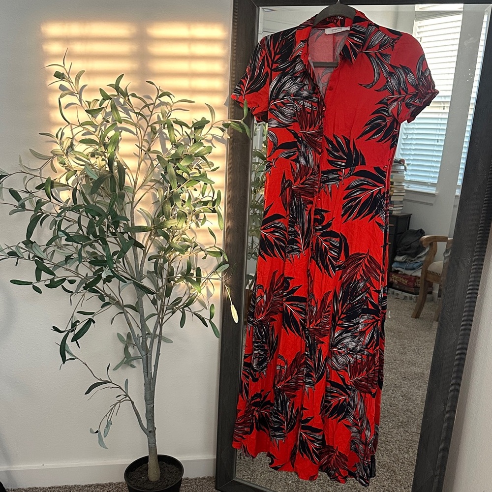 Promod Vibrant Red and Black Button Tropical Maxi Dress